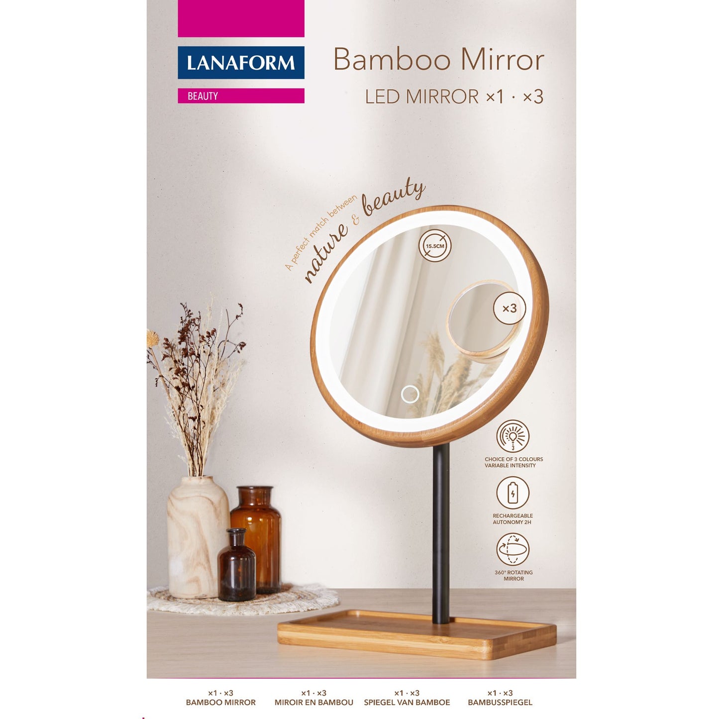 Lanaform Bamboo Mirror – Laddningsbar sminkspegel med LED-belysning och bambudetaljer
