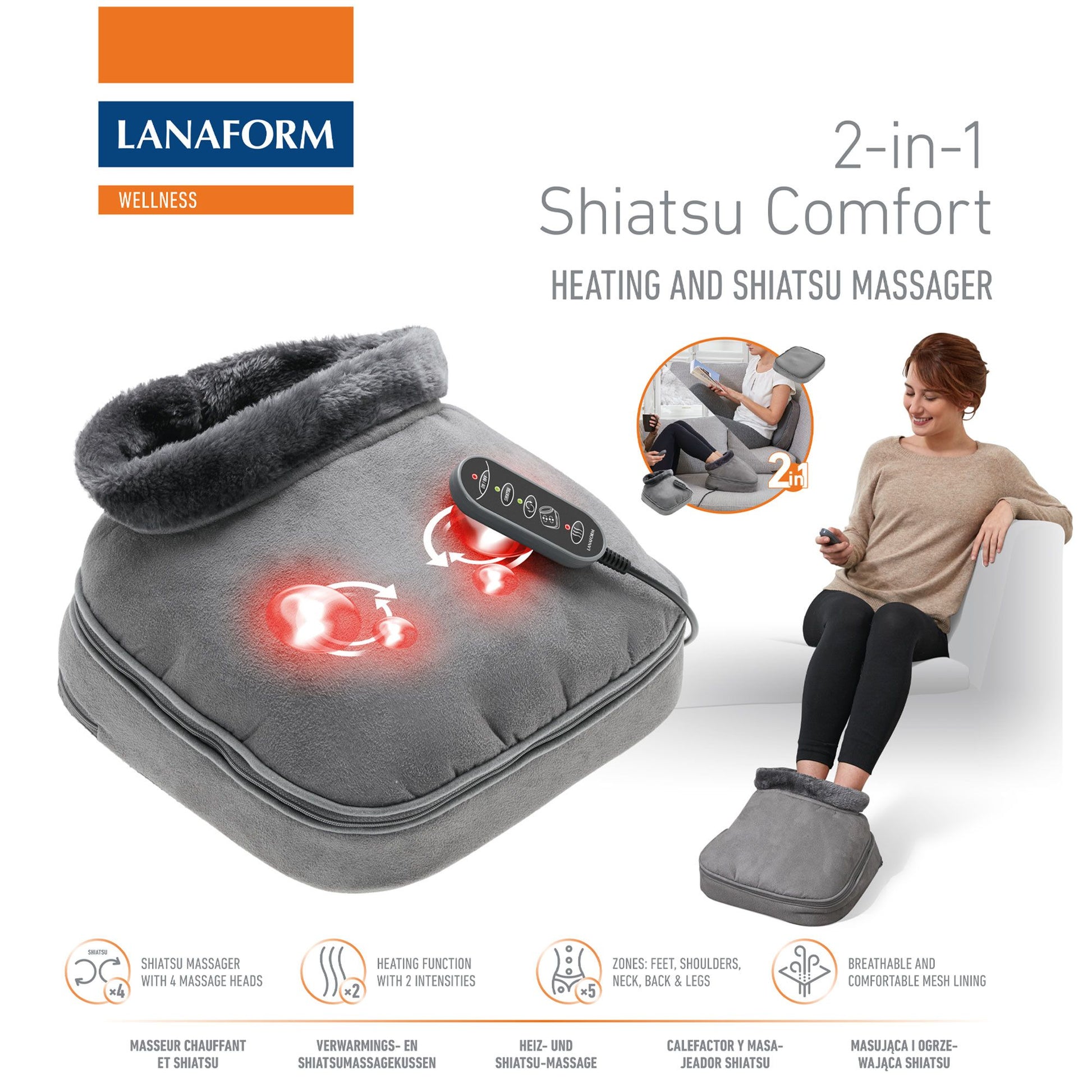 Lanaform 2-i-1 Shiatsu Comfort – Värmedyna och shiatsumassage även för fötter, rygg och nacke
