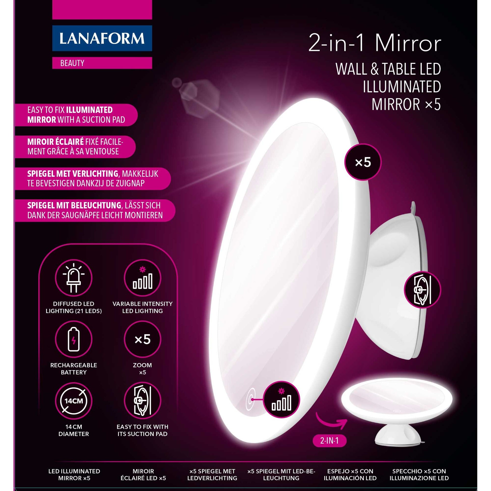 Lanaform 2in1 Mirror – Dubbelsidig sminkspegel med LED-belysning och 5x förstoring