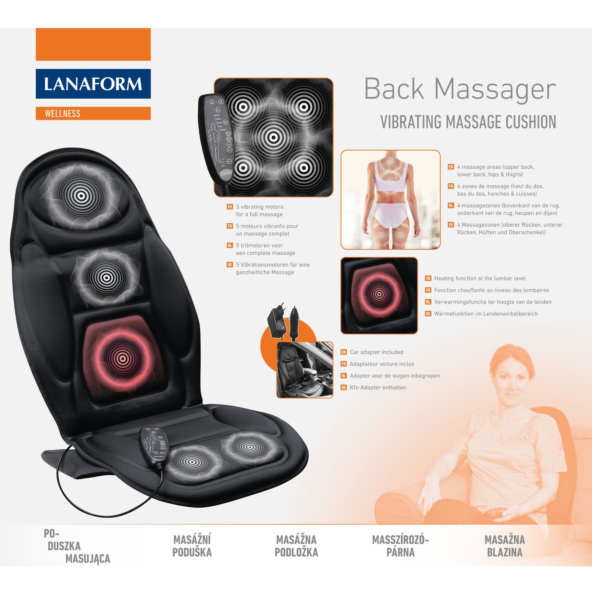 Lanaform Back Massager – Vibrerande massagekudde med värme för rygg och säte