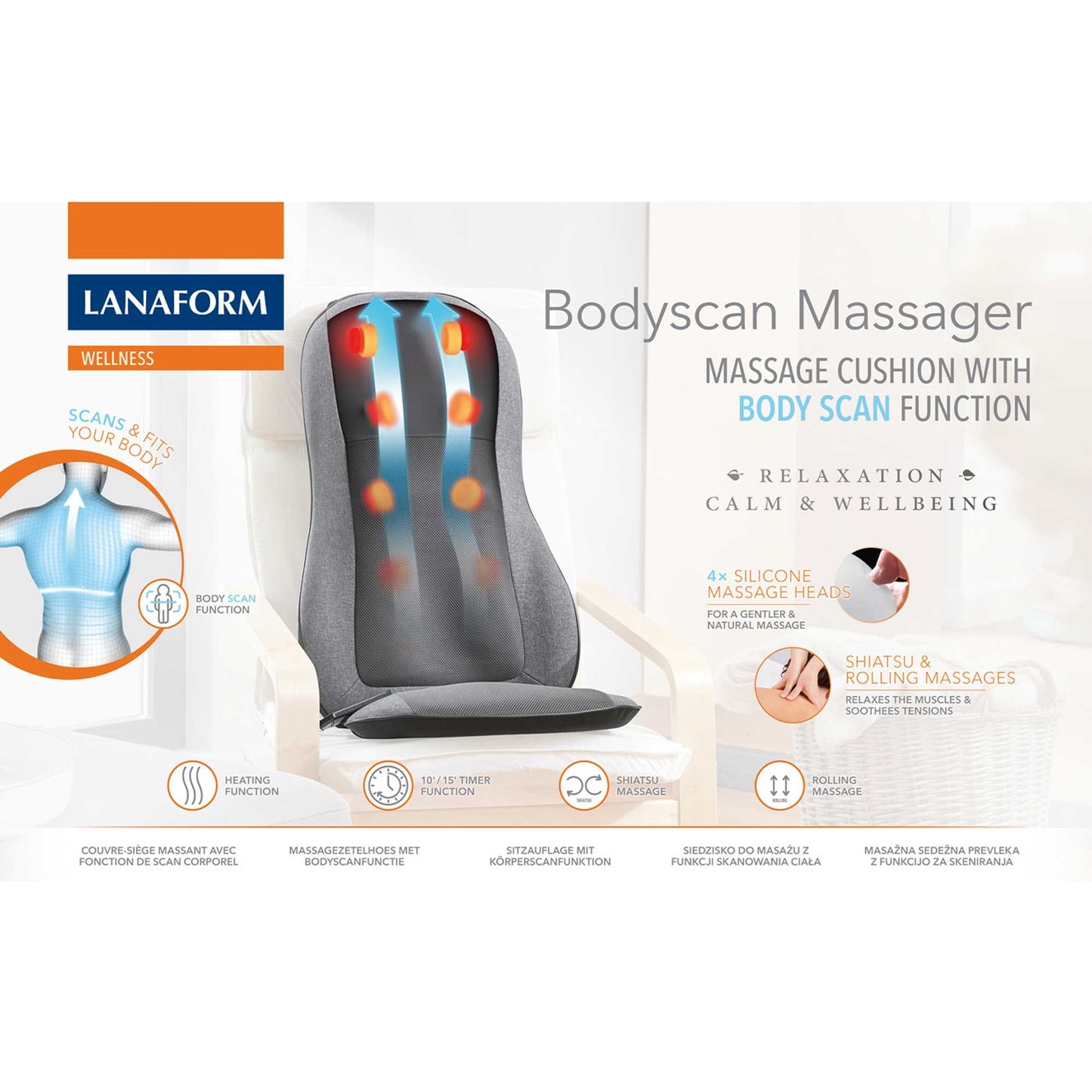 Lanaform Bodyscan Massager – Shiatsu massagesäte med kroppsskanning och värmefunktion