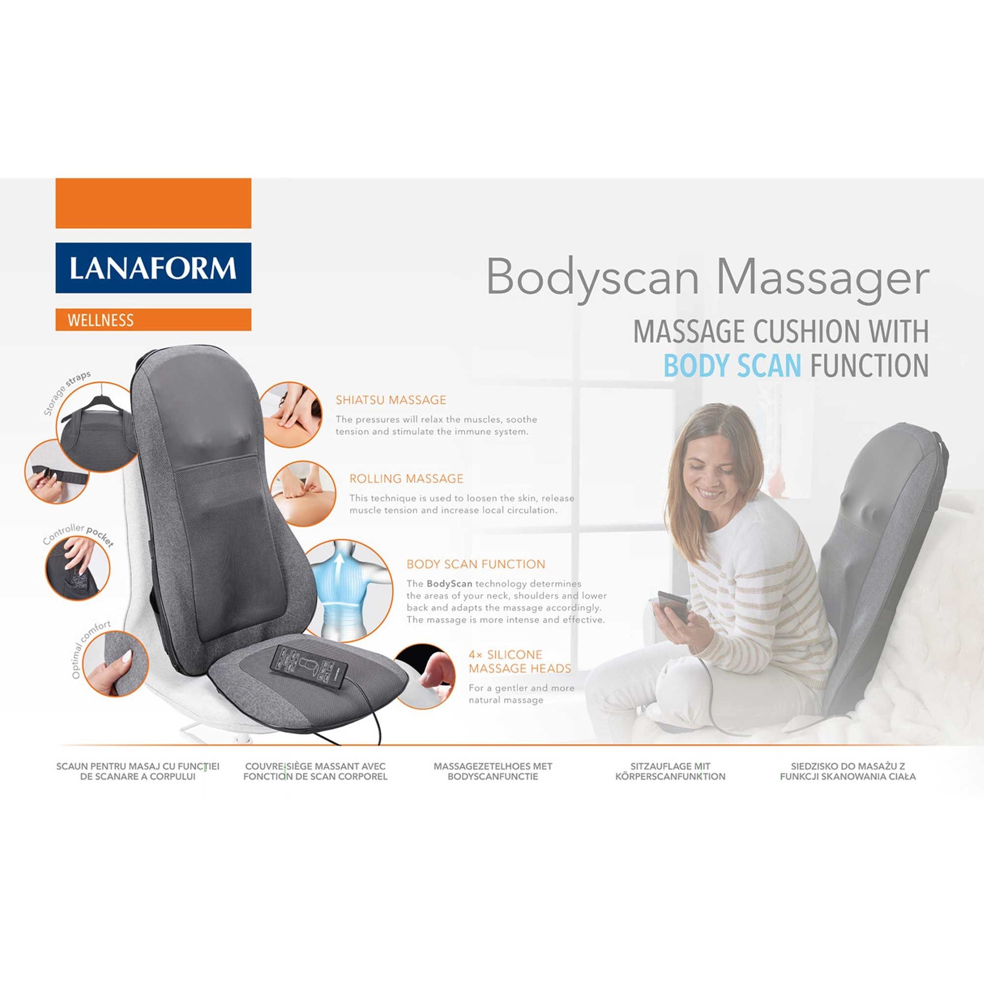 Lanaform Bodyscan Massager – Shiatsu massagesäte med kroppsskanning och värmefunktion