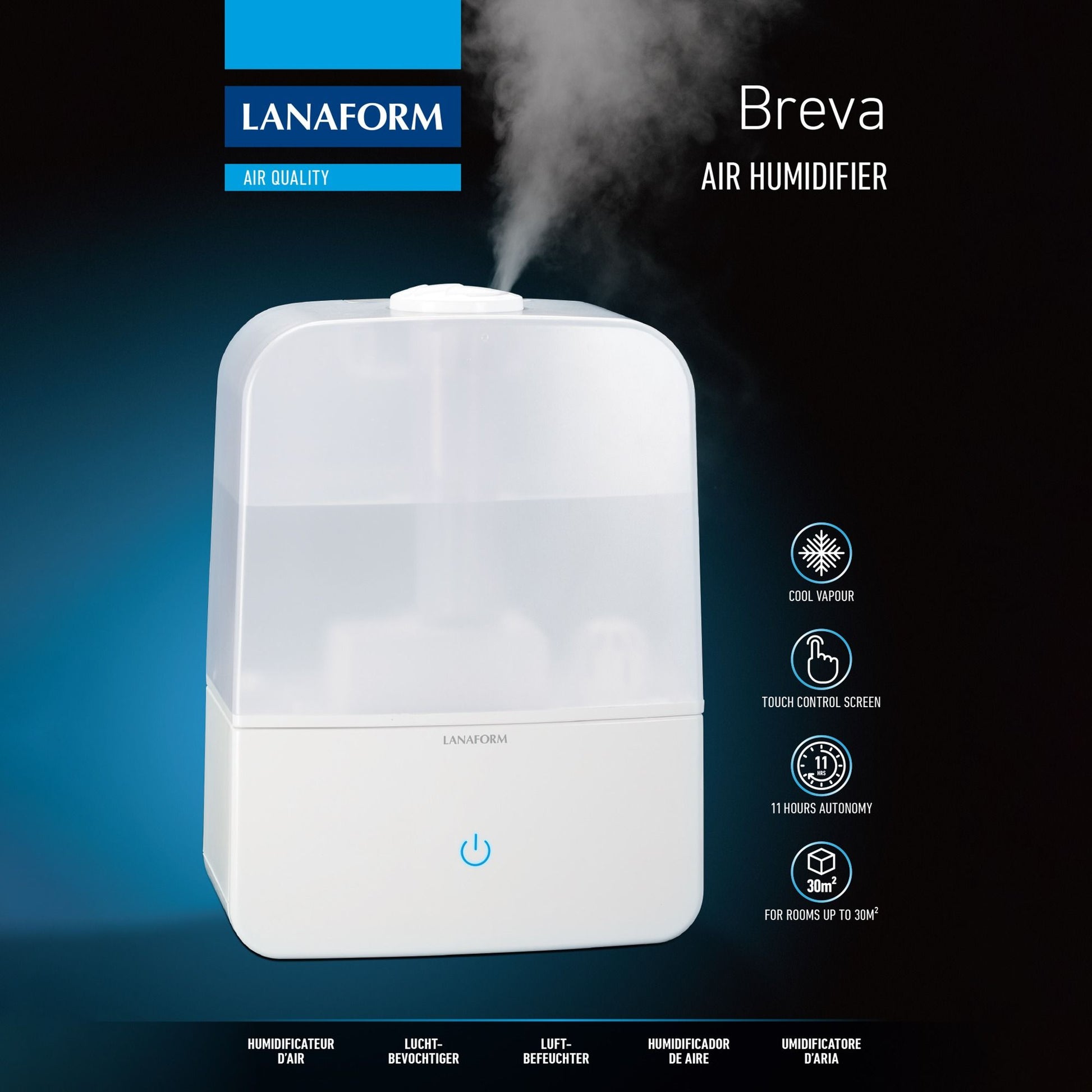 Lanaform Breva – Kompakt luftfuktare med justerbar ångnivå och tyst drift