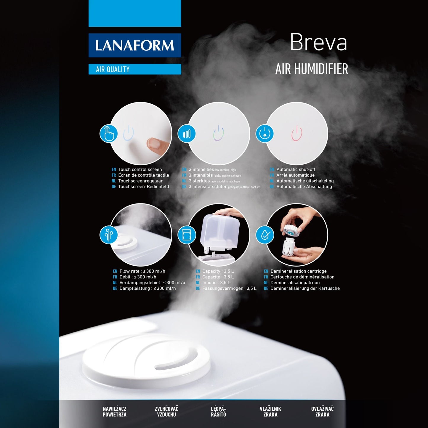 Lanaform Breva – Kompakt luftfuktare med justerbar ångnivå och tyst drift