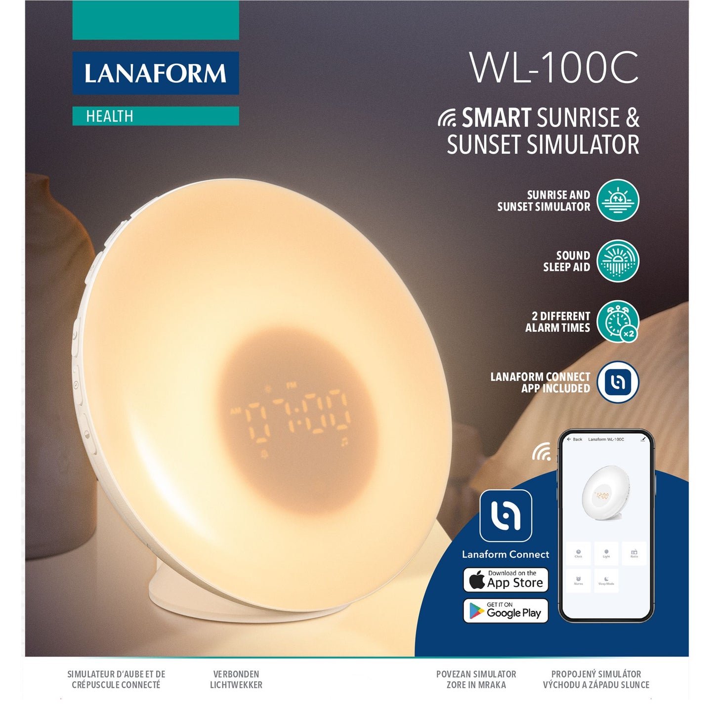 Lanaform Connected Sunrise & Sunset – Smart wake-up light med appstyrning och soluppgångssimulering