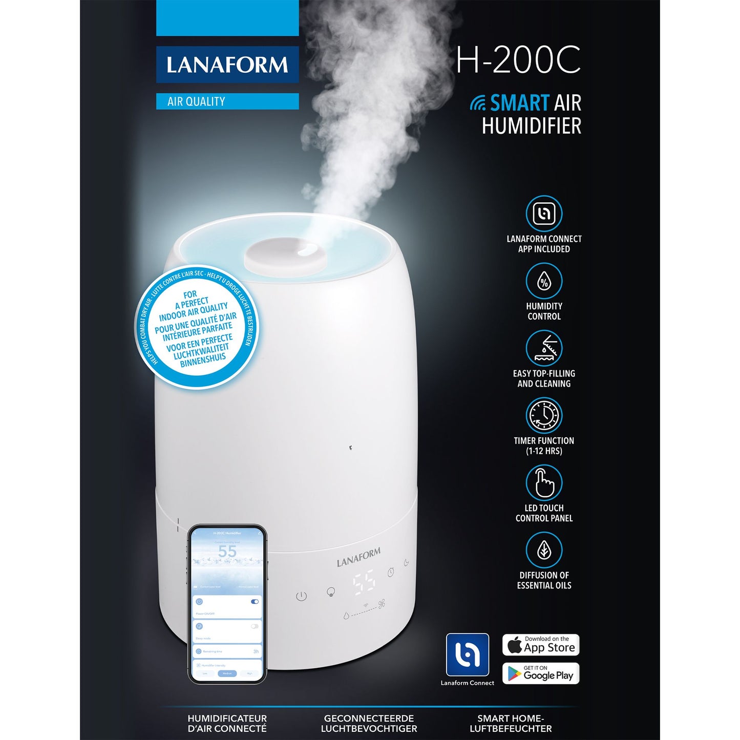 Lanaform H200C – Appstyrd luftfuktare med hygrometer och aromafunktion