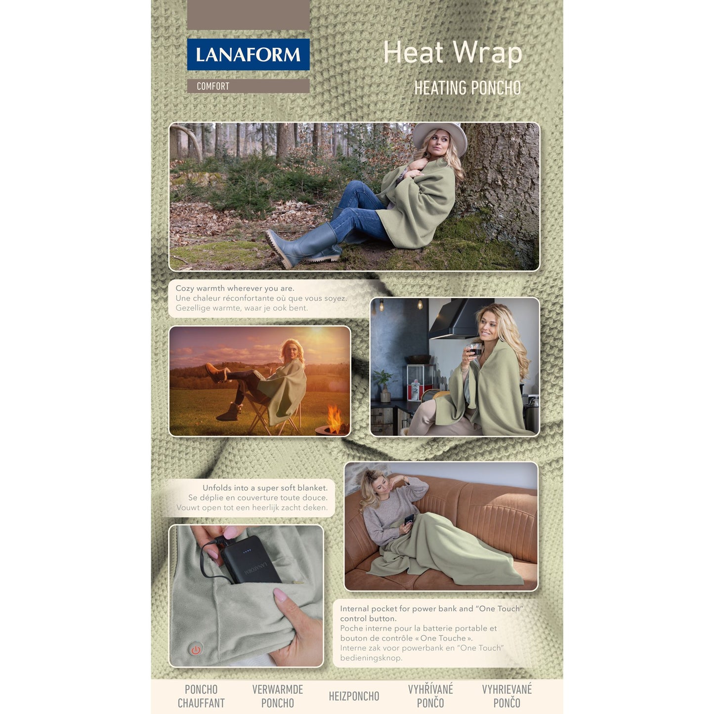 Lanaform Heat Wrap – Uppladdningsbar värmeponcho för axlar och kropp