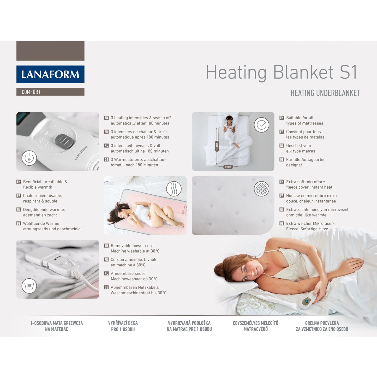 Lanaform Heating Blanket S1 – Elektriskt värmetäcke / värmemadrass för enkelsäng