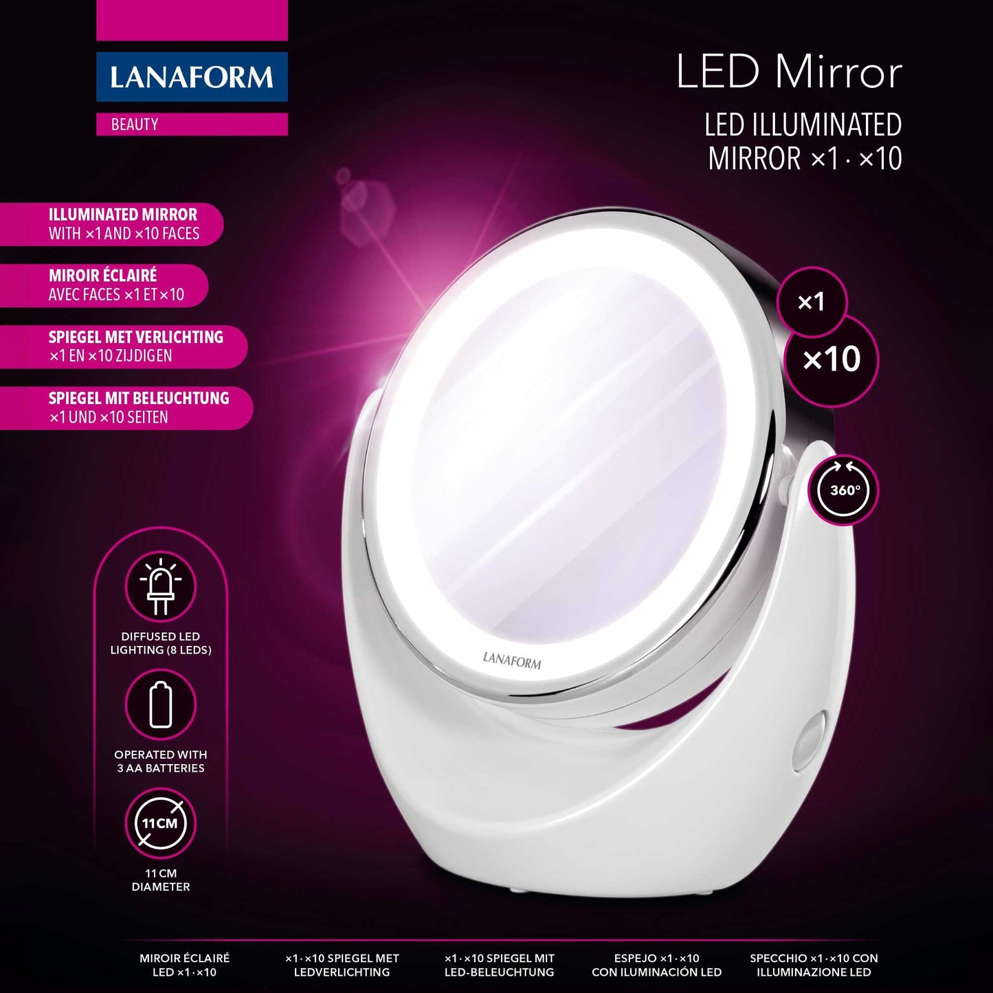Lanaform LED Mirror – Sminkspegel med LED-ljus och magnetisk 10x förstoring