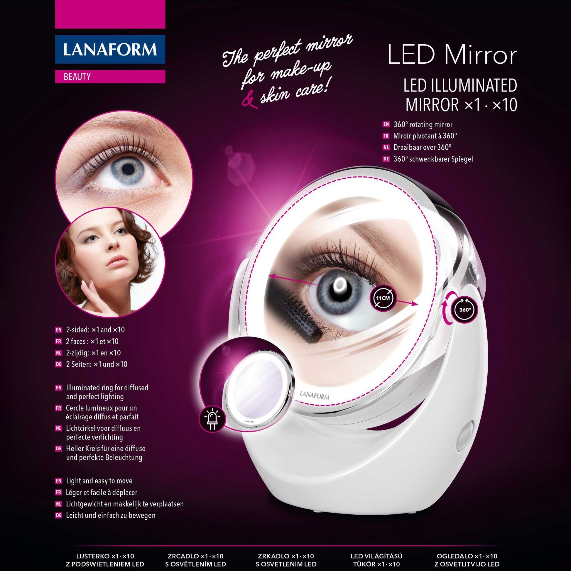 Lanaform LED Mirror – Sminkspegel med LED-ljus och magnetisk 10x förstoring