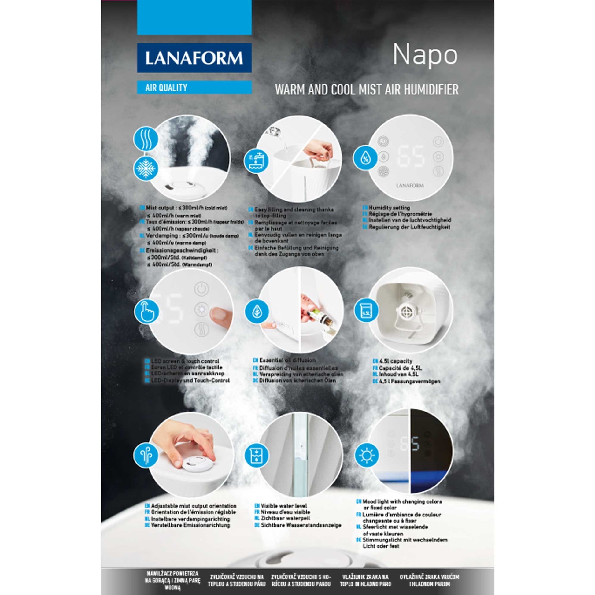 Lanaform Napo – Luftfuktare med varm & kall dimma, aromafunktion och touchskärm