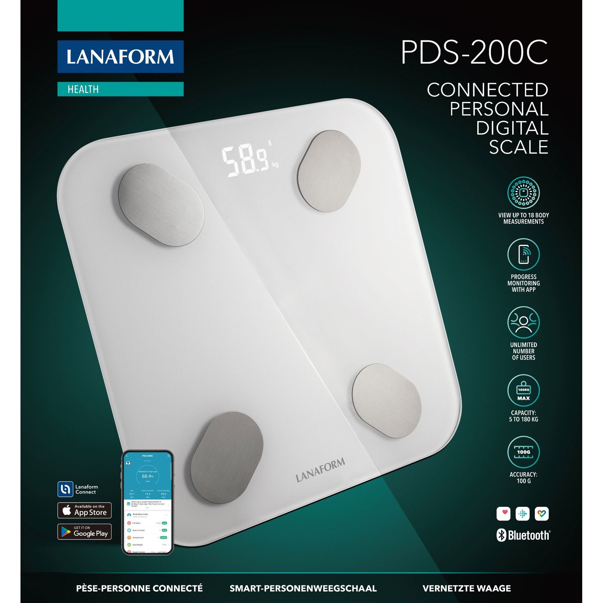 Lanaform PDS-200C – Smart personvåg med app, kroppssammansättning och Bluetooth