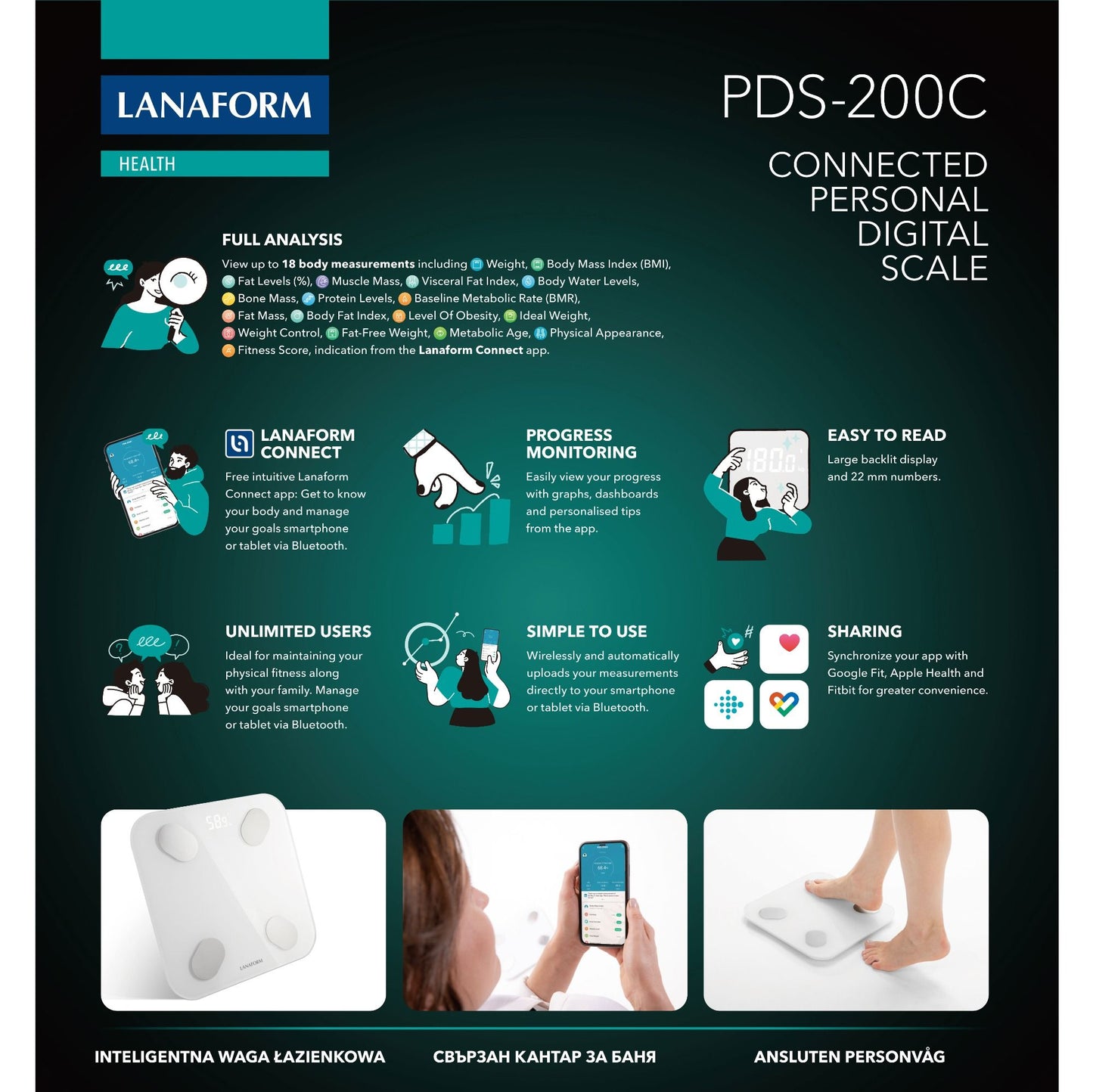 Lanaform PDS-200C – Smart personvåg med app, kroppssammansättning och Bluetooth